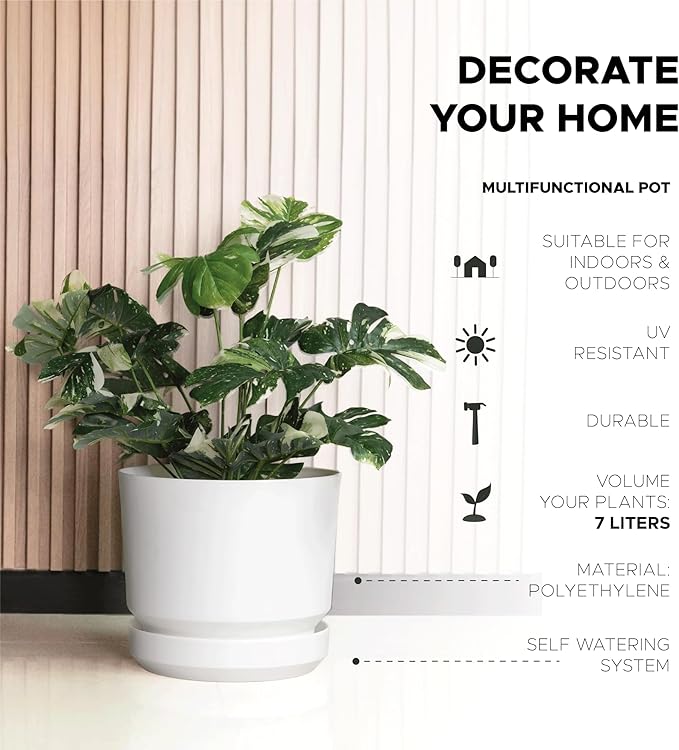 Elly Décor 8 inch Plastic Cylinder Planter Pot with Self-Watering Saucer and Drainage Hole,Lightweight & Extremely Durable, 8"x 8", White-Ruum Studio Home