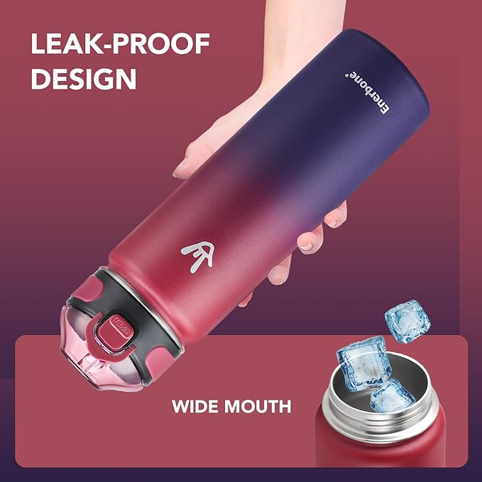 Enerbone 24 oz Insulated Water Bottle, Stainless Steel Bottle with Carrying Strap, Double-Wall Vacuum Insulation Design, Leakproof Sports Bottle with Straw, Keep Drinks Cold or Hot for Hours-Ruum Studio Home