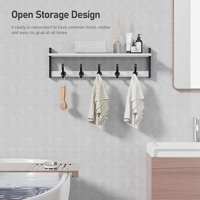 Tatub 29" Coat Rack Wall Mount with Shelf, Entryway Wall Hooks with Shelf, Coat Hangers for Bathroom, Living Room, Bedroom, Rustic White-Ruum Studio Home