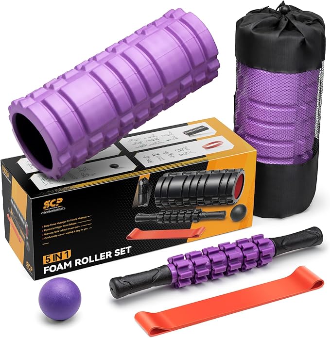 5 in 1 Foam Roller Set for Deep Tissue Muscle Massage, High Density Trigger Point Fitness Patented Exercise Foam Roller, Massage Roller, Massage Ball, Resistance Band, for Whole Body(Purple)-Ruum Studio Home