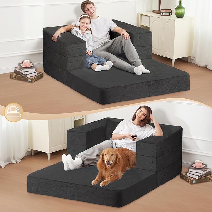 Folding Bean Bag Chair for Adults,3-in-1 Bean Bag Couch Faux Fur Floor Sofa Large Beanbag Convertible Bean Bag Sofa Bed with Pillow in Bedroom,Living Room,Apartment(Twin,Black)-Ruum Studio Home