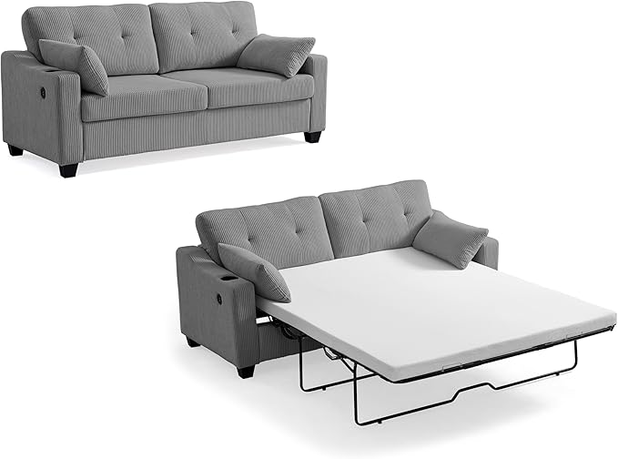 CHIC HOUSE Pull Out Sofa Bed, Full Size Sleeper Sofa, 2-in-1 Convertible Corduroy Couch with USB Charging, Memory Form Couch for Living Room, Apartment and Small Space (Grey, Corduroy - Queen Size)-Ruum Studio Home