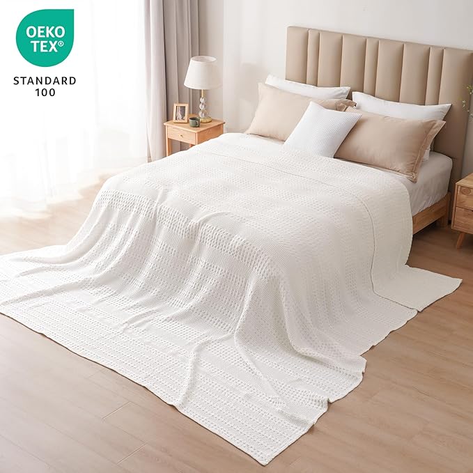 PHF 100% Cotton Waffle Blanket Oversized King 120"x120", Lightweight Breathable Extra Large 10'x10' Summer Blankets for Bed, Giant Big Luxury Aesthetic Woven Bedding for Home Decor, White-Ruum Studio Home