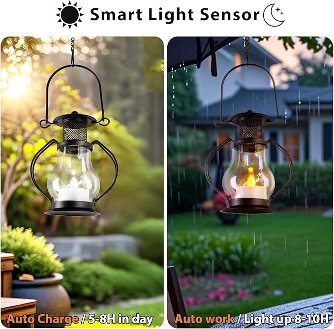 Solar Hanging Lanterns Outdoor Waterproof, Vintage Mini Metal Lantern with Flickering Solar Powered Tea Lights, Perfect Chargeable Solar Lights for Backyard Patio Garden Fence Tree Decoration-4Pack-Ruum Studio Home
