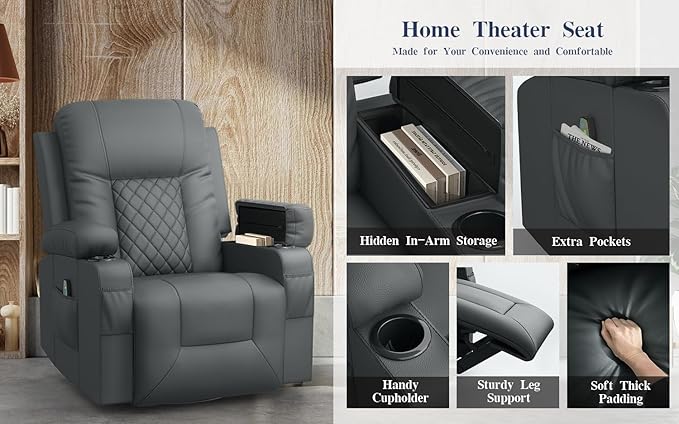 Recliner Chairs for Adults, Massage Rocker with Heated Modern Ergonomic Lounge 360 Degree Swivel Single Sofa Seat Living Room Lounge Recliners Gray-Ruum Studio Home