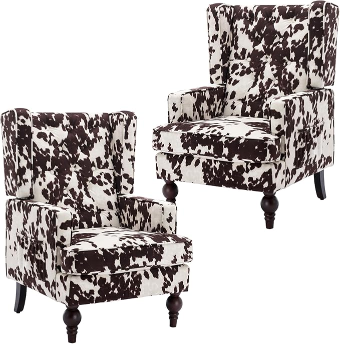 DUOMAY Tufted Accent Chair Set of 2, Modern Upholstered Wingback Side Arm Chair for Living Room Bedroom with Wood Legs, Comfy Reading Guest Chair for Office, Milk Cow/Brown-Ruum Studio Home