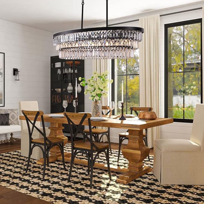 TOCHIC Chandelier 40 inch, Farmhouse Black Crystal Chandelier, Kitchen Island Lighting, Dining Room Light Fixture for High Ceiling, Modern Linear Oval Chandeliers for Living Room, Office Area, Bar-Ruum Studio Home