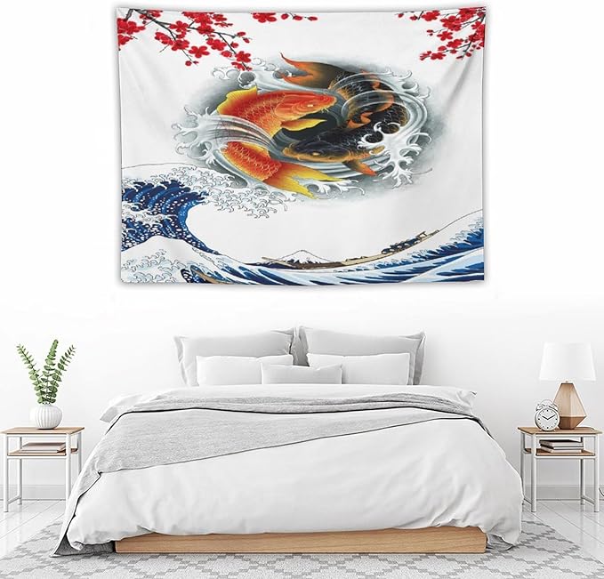Houselerax Koi Fish Tapestry, Japanese Style Yin Yang Big Wave Cherry Blossoms Tapestries Wall Hanging for Bedroom Living Room Office Decor 40"x30"-Ruum Studio Home