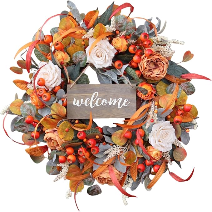 Fall Wreath for Front Door, 24 Inch Autumn Wreath with lamb's Ear Leaves, Roses, Berries & Wooden Sign,Fall Decorations for Home, Artificial Flowers Harvest and Thanksgiving Indoor & Outdoor-Ruum Studio Home