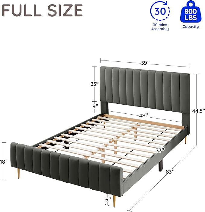 Livinia Full Size Elton Velvet Platform Bed, Upholstered Bed Frame with Vertical Channel Tufted Headboard Footboard, Strong Wood Slats, No Box Spring Needed, Gray (Full)-Ruum Studio Home