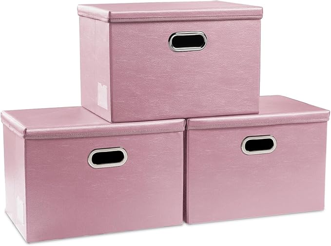 PRANDOM Large Stackable Storage Bins with Lids [3-Pack] Leather Fabric Foldable Storage Boxes Organizer Containers Baskets Cube with Cover for Bedroom Closet Office Nursery Pink (17.7x11.8x11.8)-Ruum Studio Home