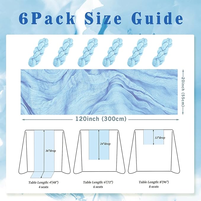 6 Pack Baby Blue Cheesecloth Table Runner 20 x 120 Inch Long Rustic Gauze Cheese Cloth Table Runner for Wedding 10FT Bridal Baby Shower Table Decorations Boho Fabric Sheer Birthday Party Table Decor-Ruum Studio Home