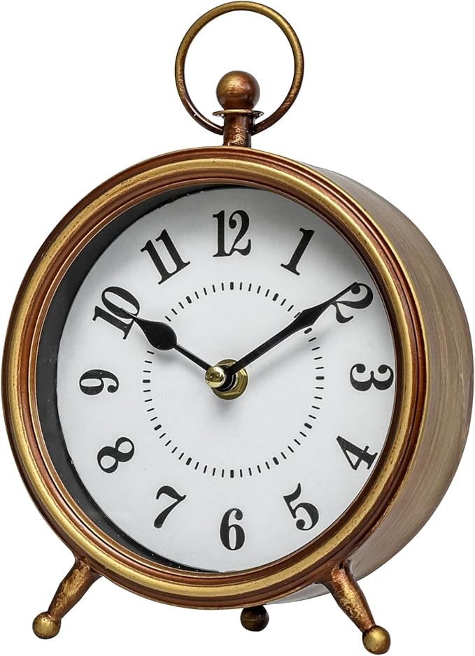 Small Gold Table and Shelf Desk Clock,Vintage Small Table Clock on Stand, Decorative Desk and Shelf Clock Farmhouse Mantel Non-Ticking Clock Rustic Metal Frame with Antique Gold Finish-Ruum Studio Home