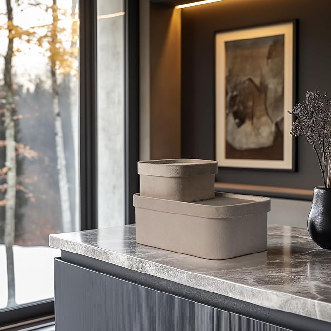 La Jolie Maison Velvet Storage Baskets with Lids, Sturdy Stackable Cardboard Boxes with Decorative Trays, Organizer Bins for Bathroom Bedroom Organizing, Taupe, Set of 3-Ruum Studio Home