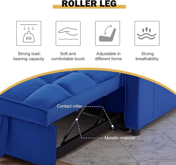3 in 1 Sleeper Sofa Bed, Futon Sofa Bed for Living Room with Side Pocket, Blue Sleepers Sofas Couch with Pullout Beds, Convertible Love Seat Sleepers couch for Living Room, Bedroom, Small Space-Ruum Studio Home