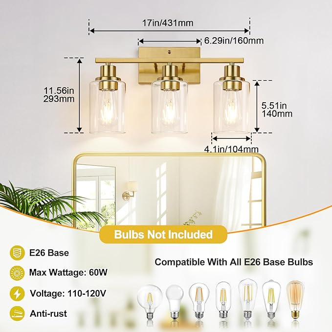 3-Light Vanity Lights with Clear Glass Shades, Brushed Gold Bathroom Light Fixtures Over Mirror, Modern Bathroom Wall Lamp for Mirror Living Room Cabinet Bedroom Porch-Ruum Studio Home