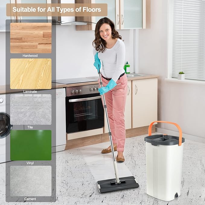 Jelymark Flat Mop and Bucket with Wringer Set, Separates Dirty and Clean Water, 3-Chamber Mop Wet and Dry Use, Not-Hands Squeeze Mops for Floor Cleaning, 8 Reusable Microfiber Mop Pads Included-Ruum Studio Home