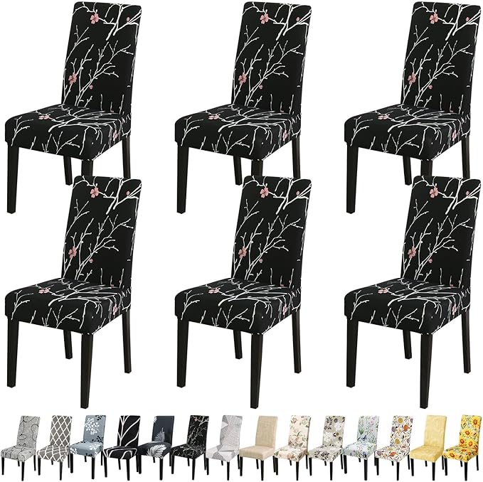JQinHome Pattern Chair Covers for Dining Room Set of 6, High Stretch Removable Washable Parsons Chair Slipcover for Home Party Hotel Wedding Ceremony (Flourish Black,6PCS)-Ruum Studio Home