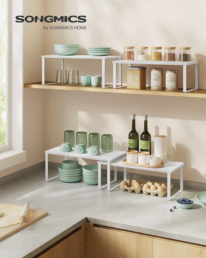 SONGMICS Cabinet Organizer Shelf, Set of 2 Kitchen Counter Shelves, Kitchen Storage, Spice Rack, Stackable, Expandable, Metal and Engineered Wood, Cloud White and Snow White UKCS025W01-Ruum Studio Home