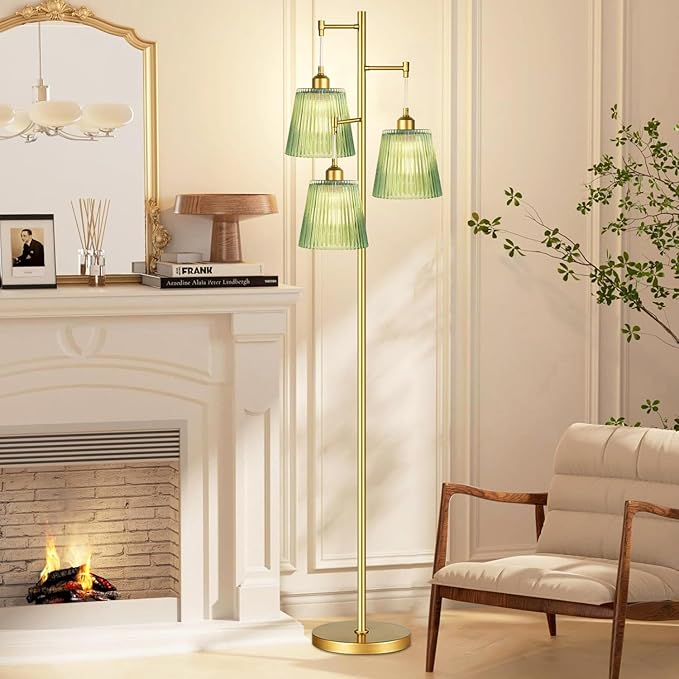 Gold Floor Lamp for Living Room,Bedroom,Mid Century Modern Standing Lamp Brass Tree 3 Light Tall Floor Lamps Vintage Retro Floor Lights Glass Green Flower Lamp Shade Farmhouse Boho Bohemian-Ruum Studio Home