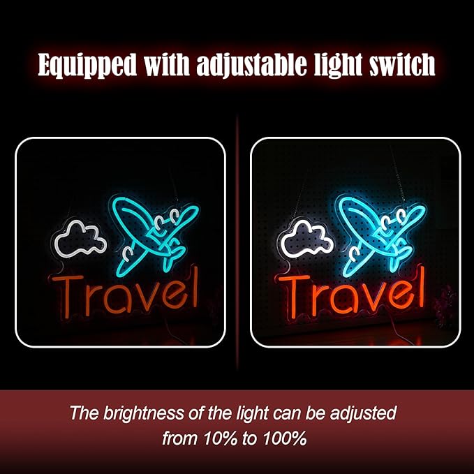 Travel Neon Sign USB Airplane LED Light Up Sign for Wall Decor Dimmable 12.2 * 16.5 In Go To Tranel Neon Light for Airport Travel Agency Bedroom(Ice Blue Red White)-Ruum Studio Home