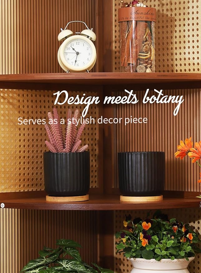 TAMAYKIM 4 Inch Small Cylinder Ceramic Plant Pots with Drainage Holes, Modern Indoor Planters with Tray for Aloe, Succulent, Snake Plants, Cactus & Herbs, Black, Set of 4-Ruum Studio Home