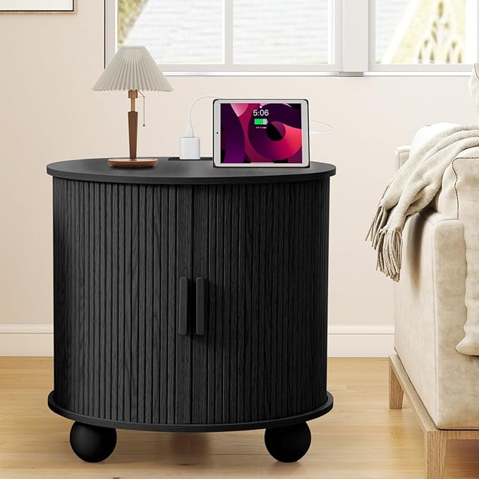 24" Large Fluted Round End Table with Charging Station, Farmhouse Cricle Sofa Side Table with Sliding Door and Storage, Rustic Curved Wood Nightstand for Living Room, Bedroom,Black-Ruum Studio Home