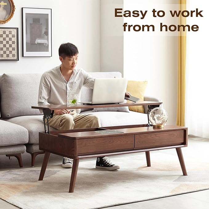Solid Oak Wood Lift Top Coffee Table for Living Room, Mid Century Modern Tables with Drawers and Large Storage, Coffee Tables for Small Spaces (Oak Walnut Color, 39.37" W x 21.65" D x 25.59" H)-Ruum Studio Home