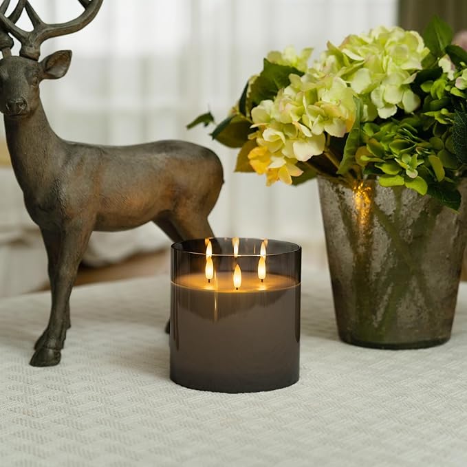 Homemory 6X6'' Extra Large Flameless Candle with 3 Wicks, Glass LED Pillar Candle, Real Wax Battery Operated Candle with Remote Control and Timer, Grey-Ruum Studio Home