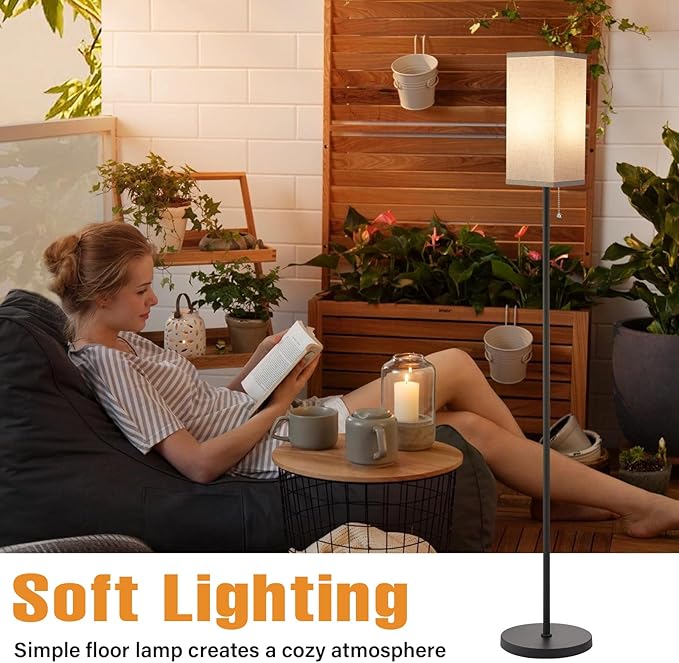 Ambimall Floor Lamp with 3 Color Temperatures Bulb & Pull Chain Switch, 64" Standing lamp, Beige Square Shade & Black Pole-Ruum Studio Home
