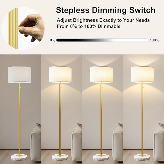 Floor Lamp for Living Room,Dimmable Gold Floor Lamp,Modern Standing Lamp with Marble Base,Tall Standing Lamp for Bedroom, Reading,Office & Kids' Room,LED Bulb Included(Gold)-Ruum Studio Home
