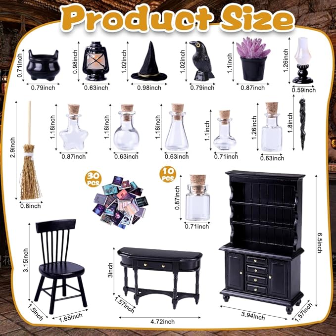 56 Pcs Halloween Miniatures Decorations 1:12 Scale Magic House Accessories Mini Wooden Bookshelf Furniture Set Tiny Sorcery Bottles Books Desk Chair Witch Hat Dollhouse Decor-Ruum Studio Home