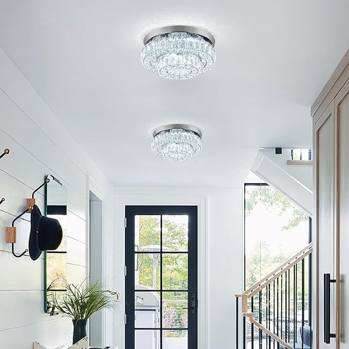 12 Inch Crystal Chandelier LED Ceiling Light 2 Tier Flush Mount Ceiling Light Fixtures Modern Chandelier Lighting for Hallway Bedroom Dining Room Kitchen (Cool White)-Ruum Studio Home