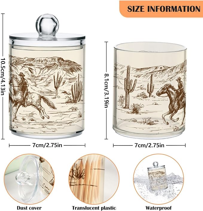 2 Pack Qtip Holder Organizer Dispenser Western Desert Cowboy Bathroom Storage Canister Cotton Ball Holder Container for Cotton Swabs/Pads/Floss-Ruum Studio Home