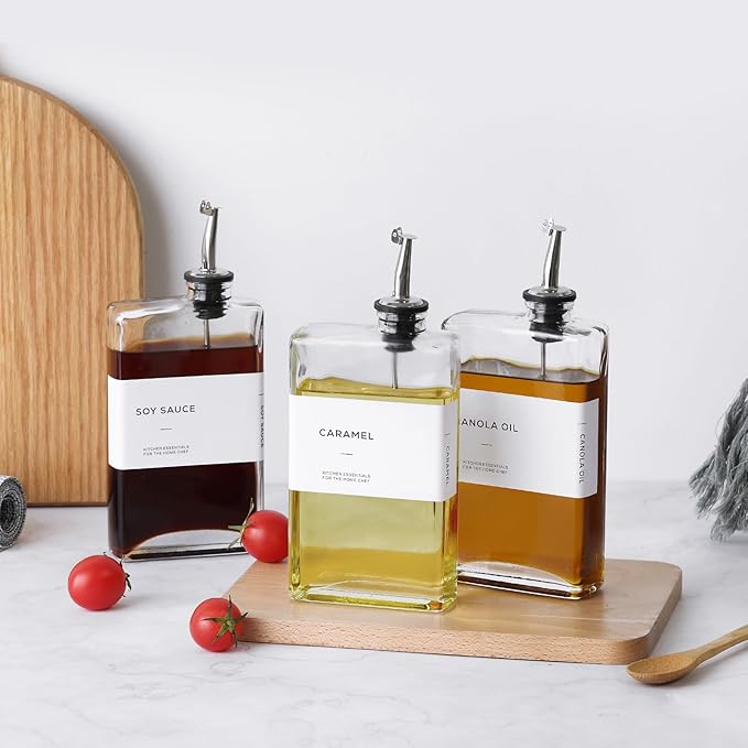 Olive Oil Dispenser Bottle for Kitchen, 3 Pack Glass Oil and Vinegar Dispenser Set, Elegant Book Design, Durable, Leak-Proof, Easy-Pour Spouts, Perfect for Kitchen, Dining Table (12oz)-Ruum Studio Home