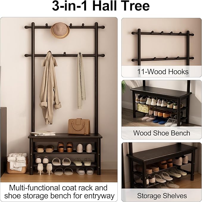 Coat Rack with Shoe Storage, Wooden Hall Tree with Bench, 11 Hooks and 2-Tier Storage Shelves, 3-in-1, Entryway Bench with Coat Rack (31.5"-Deep Black)-Ruum Studio Home