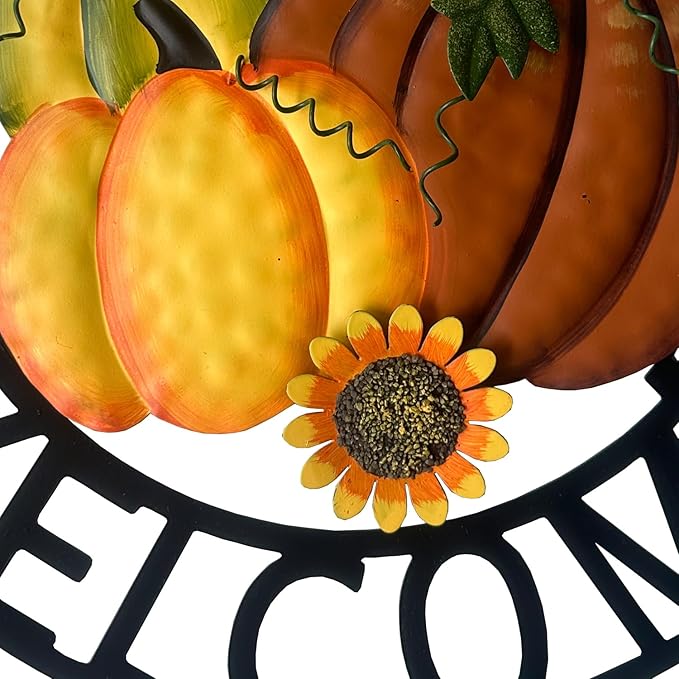 Metal Hanging Pumpkin Hello Fall Welcome Wreath Autumn Fall Harvest Decor for Front Door, Rustic Farmhouse Seasonal Thanksgiving Halloween Decoration-13''H-Ruum Studio Home