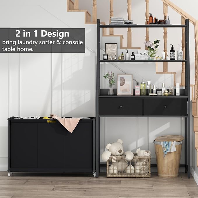 Laundry Hamper Laundry Basket with 3 Section Pull-Out Rolling Bags & 2-Tier Storage Shelf, Laundry Sorter for Organization and Storage with 2 Drawers for Laundry Room, Bathroom-Ruum Studio Home