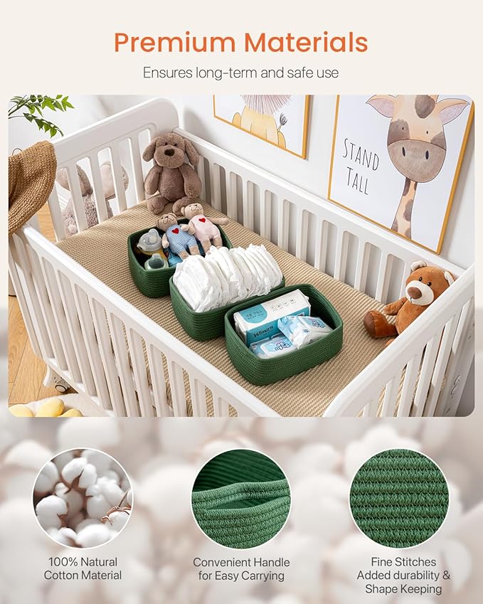 KALLAX Small Woven Basket, 12 x 8 x 4.5 Inches, Storage Basket for Organizing, Cute Small Rope Shelf Closet Cube Storage Bins Baskets for Shelves, Dog Toy Gift Baskets Empty, 3 Packs, Green-Ruum Studio Home