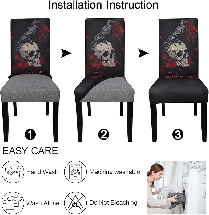 JQinHome Black Halloween Chair Slipcover,Skull Chair Covers Set of 6, High Stretch Washable Chair Protector Cover for Dining Room, Kitchen,Home Party,Wedding Ceremony(Skull Black,6PC)-Ruum Studio Home