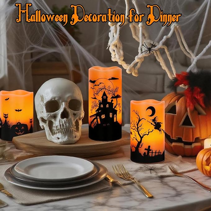 Wondise Halloween Rechargable Flickering Flameless Candles with 6H Timer, Battery Operated LED Real Wax Candles with Charging Base Set of 3 Halloween Home Decoration Gifts(3 x 4 5 6 Inch)-Ruum Studio Home