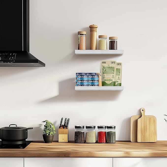 Floating Wall Shelves - 16"x6.8"x1.2" Sturdy Rustic White Solid Wood Shelves for Storage and Décor, Easy Installation for Living Room, Bedroom, and Kitchen - 2 Pack-Ruum Studio Home