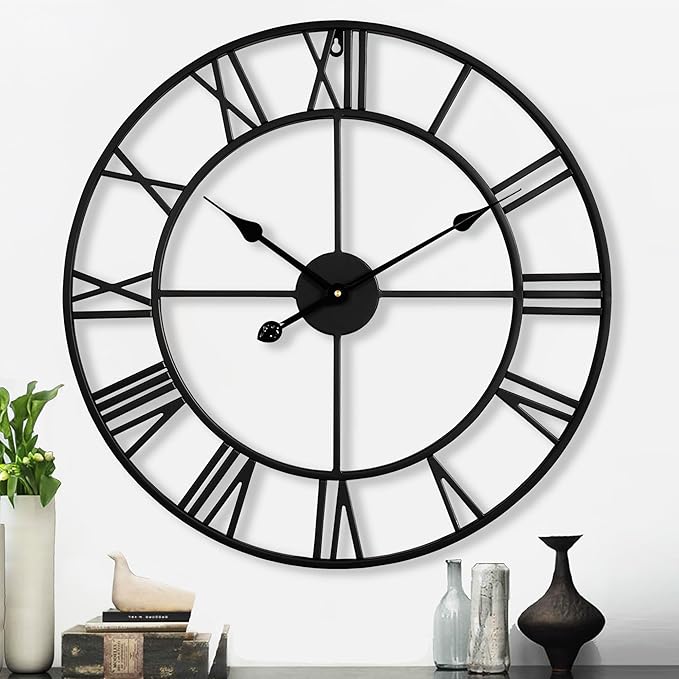 CLXEAST Silent 24 Inch Wall Clocks for Living Room Decor, Large Black Metal Roman Numeral Wall Clocks for Modern Farmhouse Home Decor,House Warming Gifts New Home-Ruum Studio Home