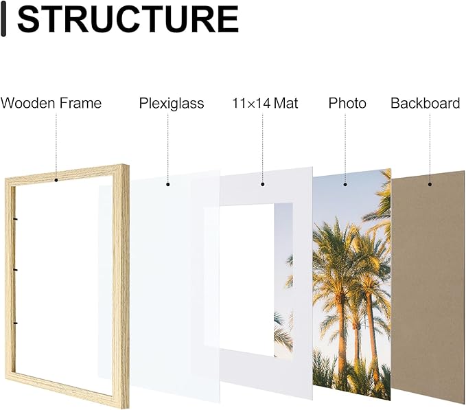 Vittanly 12x16 Picture Frames Set of 9, Shatter Resistant Plexiglass, Display 11x14 Pictures with Mat or 12x16 without Mat, Photo Frames for Wall Mount, Engineered Wood, OAK-Ruum Studio Home