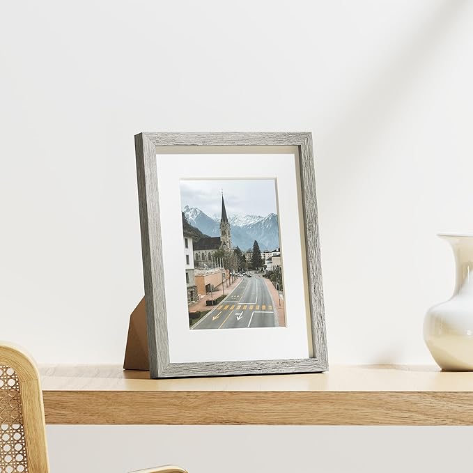 Vittanly 8.5x11 Picture Frames Set of 9, Shatter Resistant Plexiglass, Display 6x8 Pictures with Mat or 8.5x11 without Mat, Photo Frames for Wall or Tabletop, Engineered Wood, Grey-Ruum Studio Home