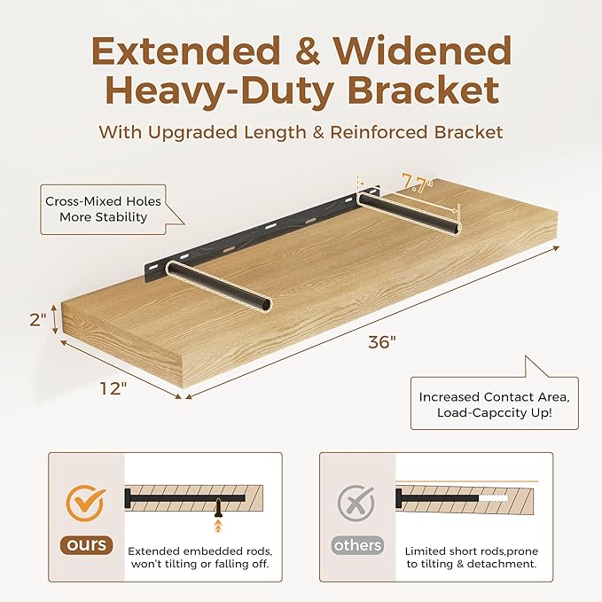 Floating Shelves 36 Inch Long, 12 Inch Deep Floating Shelves for Wall, 36 x 12 Shelves for Wall Storage & Display, 2" Thick Floating Shelf for Bathroom, Living Room, Bedroom, Oak Color, Set of 1-Ruum Studio Home