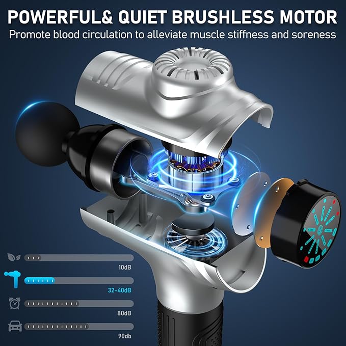 RAEMAO Massage Gun, Handheld Electric Deep Tissue Muscle Massager for Athletes for Pain Relief Attaching 8 Replacement Heads, Percussion Massager with 10 Speeds, Father's Day Gifts, Silver-Ruum Studio Home