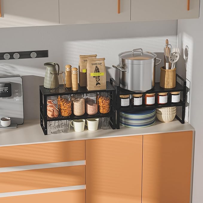 Expandable,Adjustable & Stackable Spice Rack, Cabinet Kitchen Countertop Shelf Organizer,Metal Pantry Storage Shelves - Space-Saving Storage Solution(2Packs/Black/Medium)-Ruum Studio Home