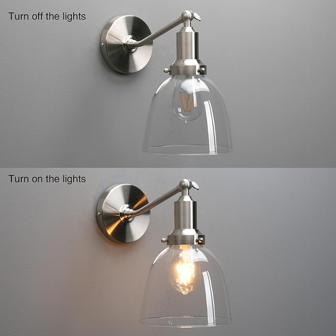 PERMO Industrial Vintage Slope Pole Wall Mount Single Sconce with 6.7" Oval Dome Clear Glass Shade Wall Sconce Light Lamp Fixture (Brushed Nickel)-Ruum Studio Home