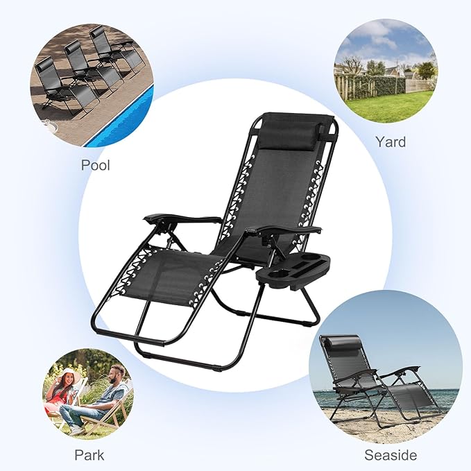 Nazhura Set of 2 Relaxing Recliners Patio Chairs Adjustable Steel Mesh Zero Gravity Lounge Chair Beach Chairs with Pillow and Cup Holder Black-Ruum Studio Home